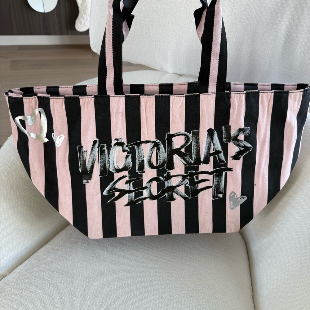 Victoria's Secret Pink and Black Tote Bag with Iconic Stripes